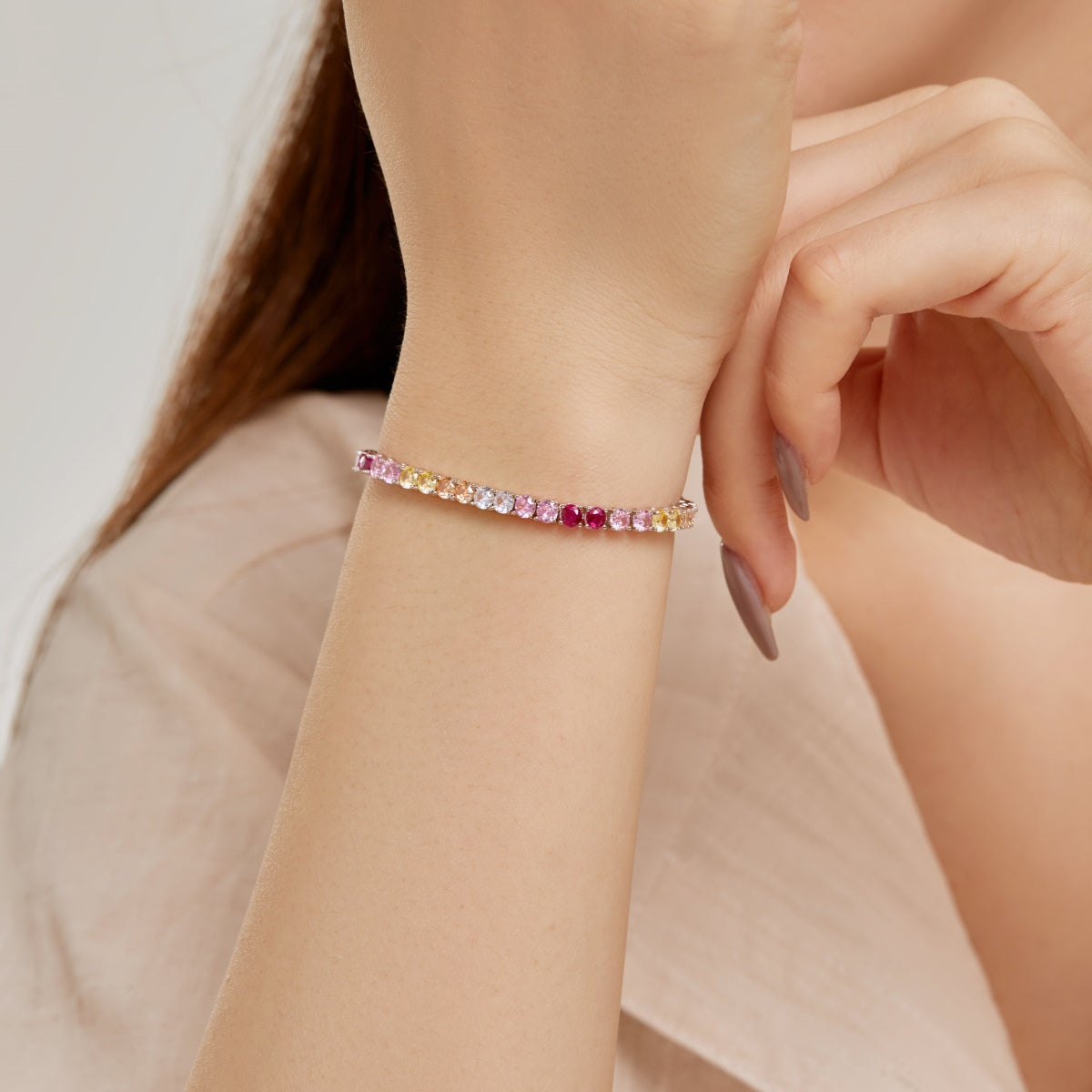 [Noble Jewelry]Radiant Colorful Round Cut Tennis Bracelet